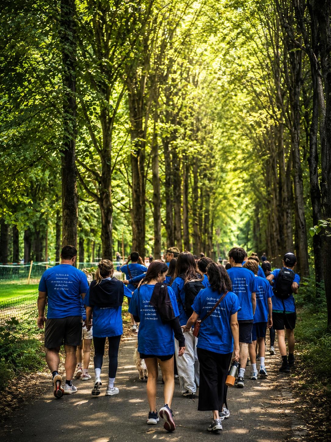 Groupe de participants Autistes sans frontières 75 marchant dans une allée arborée